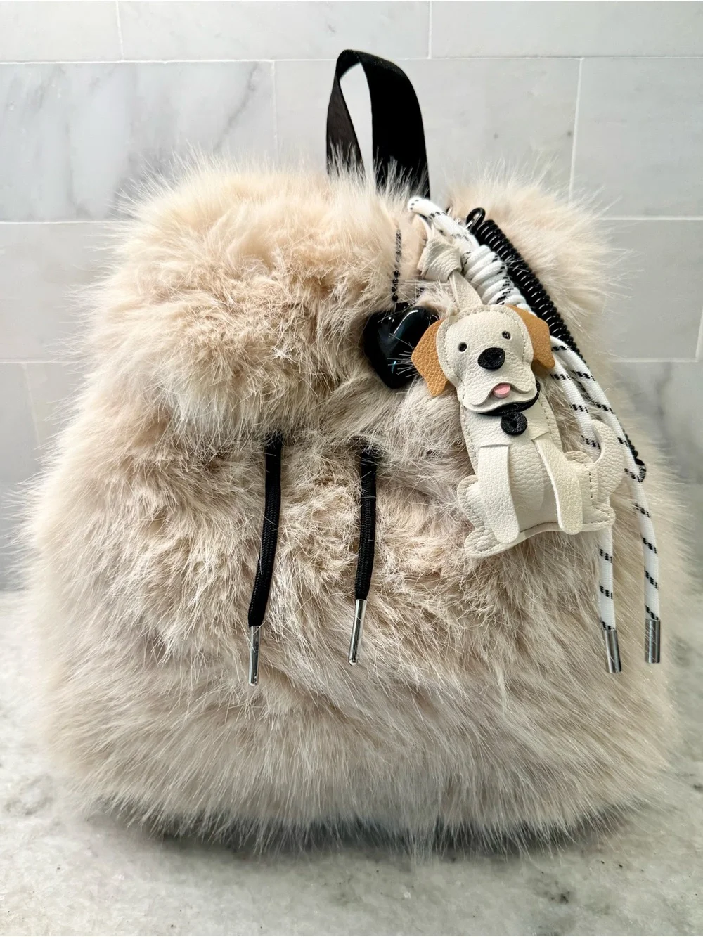 New Women’s Cream Color Soft Faux Fur Mini Backpack Purse w/ Dog Bag Charm